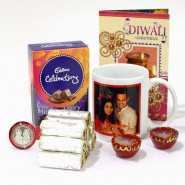 Happy Diwali Personalised Photo Mug, Kaju Anjir Roll, Mini Celebrations with 2 Diyas and Laxmi-Ganesha Coin