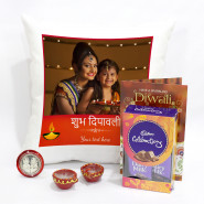 Shuba Depavali Personalised Photo Cushion, Mini Celebrations with 2 Diyas and Laxmi-Ganesha Coin
