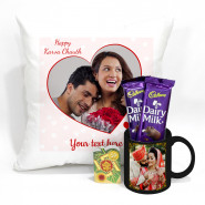 Happy Karwa Chauth Personalized Black Photo Mug, Happy Karwa Chauth Personalized Photo Cushion, 2 Dairy Milk with Roli Chawal and Card