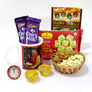 Happy Diwali Personalised Photo Mug, Almond & Cashews in Basket, Haldiram Soan Papdi, 2 Dairy Milk with 2 Diyas and Laxmi-Ganesha Coin