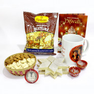 Happy Diwali Personalised Photo Mug, Kaju Katli, Almond & Cashews 200 gms in Basket, Haldiram Namkeen with 2 Diyas and Laxmi-Ganesha Coin
