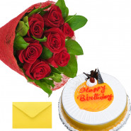 Proper Gift - 10 Red Roses Bunch, 1/2 Kg Pineapple Cake + Card