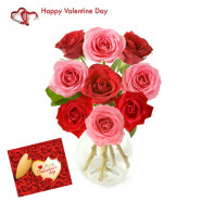 Valentine Roses Vase - 10 Red & Pink Roses in Vase + Card