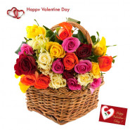 Valentine Mix Basket - 10 Red Roses + 10 Pink Roses + 10 Yellow Roses in Basket + Card