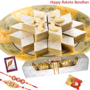 Rakhi Utsav Treat - Kaju Katli, Ferrero Rocher 4 pcs with 2 Rakhi and Roli-Chawal