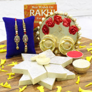 Sweet Moments Pair Thali - Elegant Ganesh Thali with Flowers & Pearls, Kaju Katli with Bhaiya Bhabhi Rakhi Pair and Roli-Chawal