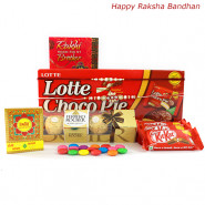 Sweet Bond - Chocopie, Ferrero Rocher 4 pcs, 3 Kitkat , 1 Gems with 2 Rakhi and Roli-Chawal