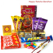 True Bandhan - Assorted 5 Bars, Ferrero Rocher 4 pcs, 3 Kitkat , 1 Gems with 1 Pearl Rakhi, 1 Rudraksha Rakhi and Roli-Chawal