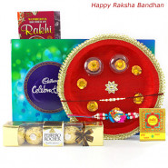 Full of Chocolates - Ferrero Rocher 4 pcs, Celebrations, Puja Thali (R) with 2 Rakhi and Roli-Chawal