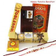 Chocolaty Hamper - Ferrero Rocher 4 pcs, Toblerone, Temptations with Sandalwood, Fancy Rakhi and Roli-Chawal