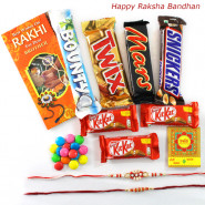 Choco Wonder - Snickers, Mars, Twix, Bounty, 3 Kitkat , 1 Gems with 2 Fancy Rakhi and Roli-Chawal