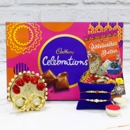 Yummy Chocolate Thali - Celebrations, Elegant Ganesh Thali with Flowers & Pearls with 2 Fancy Rakhis and Roli-Chawal