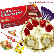 Chocolate Tray - Elegant Ganesh Thali with Flowers & Pearls, Chocopie, 5 Dairy Milk with 2 Fancy Rakhis and Roli-Chawal