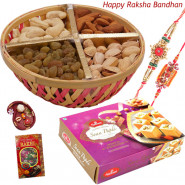 Sweet & Nuts - Assorted Dry Fruit 500 gms Basket, Haldiram Soan Papdi with 2 Rakhi and Roli-Chawal