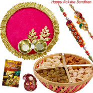 Grand Rakhi Hamper - Assorted Dry Fruits Basket 500 gms, Stylish Pooja Thali with Golden Border with 2 Rakhi and Roli-Chawal
