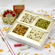 Classy Rakhi Thali Combo - Assorted Dry Fruits, Elegant Ganesh Thali with Flowers & Perals with 2 Fancy Rakhis and Roli-Chawal