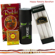 For Best Bhaiya - Axe Deo, Bonjour Set of 3 Cotton Hankerchiefs with 2 Rakhi and Roli-Chawal