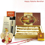 Smart Combo - Kaju Katli, Parker Beta Premium Ball Pen, Ganesh Idol with 2 Rakhi and Roli-Chawal