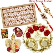 Kaju Pan Thali - Kaju Pan, Elegant Ganesh Thali with Flowers & Pearls, Ganesh Idol with 2 Rakhi and Roli-Chawal
