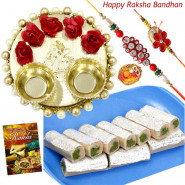 Kaju Pista Thali - Kaju Pista Rolls, Elegant Ganesh Thali with Flowers & Pearls with 2 Rakhi and Roli-Chawal