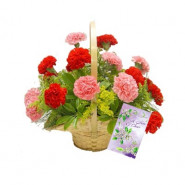 Colorful Basket - 24 Pink & Red Carnations Basket + Card