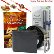 Standard - Leather Black Wallet, Leather Black Belt, Parker Beta Standard Ball Pen with 2 Rakhi and Roli-Chawal