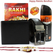 Perfect Attire - Park Avenue Deo, Leather Black Wallet, Leather Black Belt with 2 Rakhi and Roli-Chawal