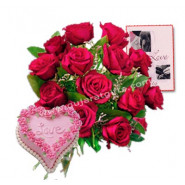 U & Me - Bunch 12 Red Roses + Heart Shape Cake 1kg + Card