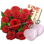 Say - You Care - 12 Red Roses + Rose Quartz Heart + Card