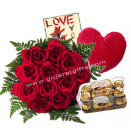 Lean On Me - 20 Red Roses In Bunch + Ferrero Rocher 16pcs + Heart Shape Pillow + Card
