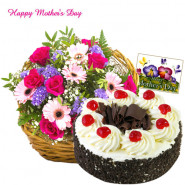 Royal Gifts - 50 Assorted Flower Basket, Five Star Black Forest Cake 1 Kg and Card