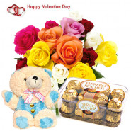 Exotic Combo - 10 Mix Roses in Vase + Teddy 6" + Ferrero Rocher 16 pcs + Card