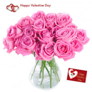 For Love - 15 Pink Roses in Vase + Card