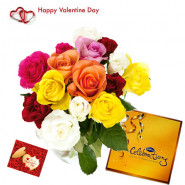 Beautiful Combo - 10 Mix Roses in Vase +Cadbury Celebration + Card