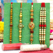 Set of 4 Rakhis - Pearl with Rudraksha, Sandalwood and Mauli Rakhi