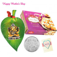 Silver Coin 10 gms, Ganesh Ji On Leaf, Haldiram Soan Papdi 250 gms and Card
