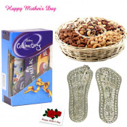 Silver Laxmi Step Pair - 6 gms, Assorted Dryfruits 200 gms in Basket, Mini Celebrations and Card