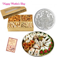 Silver Coin 10 gms, Kaju mix 250 gms, Assorted Dryfruits 200 gms in Box and Card