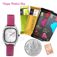 Silver Coin 10 gms, Sonata Watch White Dial Pink Strap, 2 Temptations, 2 Bournville and Card