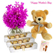 Specially for You - 15 Orchids in Vase , 3 packs of Ferrero 4 Pcs, Teddy 8" and Card