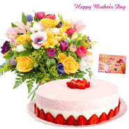 Strawberry Treat - 150 Assorted Flowers, 1 kg Strawrbery Cake and Card