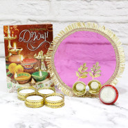 Stylish Pooja Thali with Golden Border with 4 Golden Diyas and Laxmi-Ganesha Coin