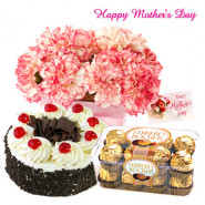 Surprising Mom - 15 Pink Carnations in Basket, Black Forest Cake 1/2 kg, Ferrero Rocher 16 pcs and Card