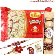 Soan Papdi with Ferrero - Soan Papdi, Ferrero Rocher 4 Pcs with 2 Rakhi and Roli-Chawal