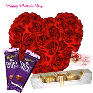 Sweet Heart Mom - 30 Red Roses Heart, 2 Dairy Milk, Ferrero Rocher 4 Pcs and Card