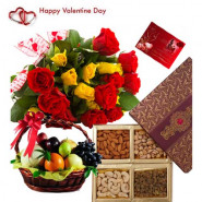 Love Combo Treat - 12 Red & Yellow Roses Bouquet, 2 Kg Mix Fruits in Basket, 200 gms Assorted Dryfruits and Card
