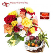 Lovable Fruit Combo - 12 Mix Roses Bouquet, 2 Kg Mix Fruits in Basket and Card