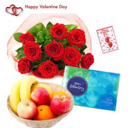 Fruity Chocolaty Love - 12 Red Roses Bouquet, Celebrations 160 gms, 1 kg Fruits in Basket and Card
