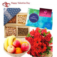 Fruitful Combo Treat - 10 Red Mix Flowers Bouquet, 200 gms Assorted Dryfruits, Celebrations 160 gms, 1 Kg Seasonal Fruits Basket and Card