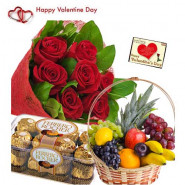 Lovely Fruits n Ferrero - 15 Red Roses Bouquet, Ferrero Rocher 16 pcs, 2 Kg Fruits in Basket and Card